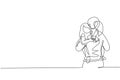 Single continuous line drawing of young mom hugging her sleepy daughter who hold rabbit doll go to the room. Happy family Royalty Free Stock Photo