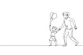 Single continuous line drawing of young mother and her daughter go to night carnival festival while the kid holding balloon. Happy