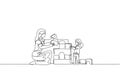 Single continuous line drawing of young mother playing with daughter building house from foam puzzle blocks toy at home, Royalty Free Stock Photo