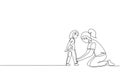 Single continuous line drawing of young mother tying her daughter shoelaces at home before go to school, parenthood. Family