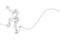 Single continuous line drawing of young muscular climber woman climbing hanging on mountain grip. Outdoor active lifestyle and