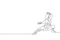 Single continuous line drawing young muscular shaolin monk man train martial art at shaolin temple. Traditional Chinese kung fu