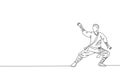 Single continuous line drawing young muscular shaolin monk man train martial art at shaolin temple. Traditional Chinese kung fu