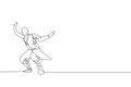 Single continuous line drawing young muscular shaolin monk man train martial art at shaolin temple. Traditional Chinese kung fu