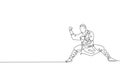 Single continuous line drawing young muscular shaolin monk man train martial art at shaolin temple. Traditional Chinese kung fu