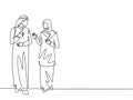 Single continuous line drawing of young muslim business couple discussing product sales strategy together. Arab middle east cloth