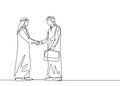 Single continuous line drawing of young muslim business man shake hand his business colleague. Arab middle east businessmen with