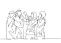 Single continuous line drawing of young muslim business people celebrate their success. Arab middle east businessmen with shmagh,