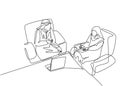 Single continuous line drawing of young muslim businessman and businesswoman discussing business project together. Arab middle Royalty Free Stock Photo