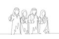 Single continuous line drawing of young muslim businessman and businesswoman Royalty Free Stock Photo