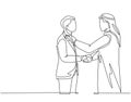 Single continuous line drawing of young muslim businessman congratulate his new employee. Arab middle east businessmen with shmagh Royalty Free Stock Photo