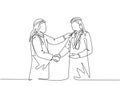 Single continuous line drawing of young muslim businessman handshake his personal doctor. Arab middle east businessmen with shmagh Royalty Free Stock Photo