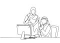 Single continuous line drawing of young muslim male and female employees give thumbs up gestures. Arab middle east cloth shmagh, Royalty Free Stock Photo