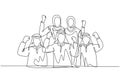 Single continuous line drawing of young muslim sales team celebrate their solid teamwork. Arab middle east businessmen with shmagh Royalty Free Stock Photo