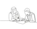 Single continuous line drawing of young muslim sign a business deal agreement contract with his colleague. Arab middle east cloth