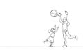 Single continuous line drawing of young playing throw beach ball with her daughter at home, happy parenting. Family loving care