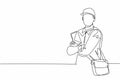 Single continuous line drawing of young postman cross arm on chest and holding envelope letters. Professional work job occupation