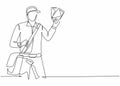 Single continuous line drawing of young postman holding envelopes to be sent to customer. Professional work job occupation.
