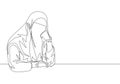 Single continuous line drawing of young pretty saudi arabian muslimah wearing burqa and pensive seriously. Traditional muslim