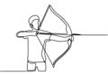 Single continuous line drawing of young professional archer man. Archery sport vector illustration. Metaphor of reaching goal and