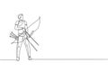 Single continuous line drawing of young professional archer man focus aiming archery target. Archery sport exercise with the bow