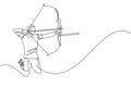 Single continuous line drawing of young professional archer man focus standing and aiming archery target. Archery sport exercise