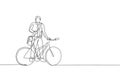 Single continuous line drawing young professional businessman riding bicycle to his company. Bike to work, eco friendly