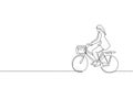 Single continuous line drawing of young professional businesswoman riding bicycle to her company. Bike to work, eco friendly