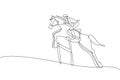 Single continuous line drawing of young professional horseback rider jumping with a horse over the hurdle. Equestrian sport Royalty Free Stock Photo