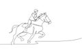 Single continuous line drawing of young professional horseback rider running with a horse around the stables. Equestrian sport