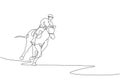 Single continuous line drawing of young professional horseback rider running with a horse around the stables. Equestrian sport