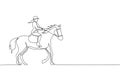 Single continuous line drawing of young professional horseback rider walking with a horse around the stables. Equestrian sport