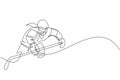 Single continuous line drawing of young professional ice hockey player hit the puck and attack on ice rink arena. Extreme winter Royalty Free Stock Photo