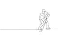 Single continuous line drawing of young professional ice hockey player hit the puck and attack on ice rink arena. Extreme winter Royalty Free Stock Photo