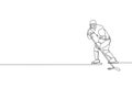 Single continuous line drawing of young professional ice hockey player hit the puck and attack on ice rink arena. Extreme winter Royalty Free Stock Photo