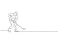 Single continuous line drawing of young professional ice hockey player hit the puck and attack on ice rink arena. Extreme winter Royalty Free Stock Photo