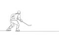 Single continuous line drawing of young professional ice hockey player hold the puck shot and defense on ice rink arena. Extreme Royalty Free Stock Photo