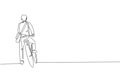 Single continuous line drawing of young professional manager man riding bicycle to the office, rear view. Bike to work, eco