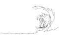 Single continuous line drawing young professional surfer in action riding the waves on blue ocean. Extreme watersport concept.