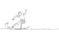 Single continuous line drawing young professional surfer in action riding the waves on blue ocean. Extreme watersport concept.