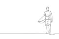 Single continuous line drawing of young professional surfer walking and carrying surfboard at sandy beach. Extreme watersport