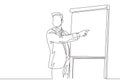 Single continuous line drawing of young sales manager pointing a finger to the infographic on screen board during meeting