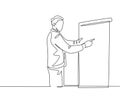 Single continuous line drawing of young sales manager pointing a finger to the infographic on screen board during meeting. Work