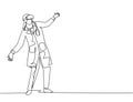 Single continuous line drawing of young shock female doctor tries to avoid obstacle while playing game simulation. Virtual reality Royalty Free Stock Photo