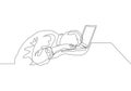 Single continuous line drawing of young sleepy male worker fall asleep on laptop while he was working on his desk. Work fatigue