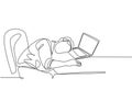 Single continuous line drawing of young sleepy male worker fall asleep on laptop while he was working on his desk. Work fatigue at