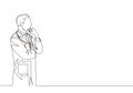 Single continuous line drawing of young smart male doctor pensive and thinking new solution to cure covid coronavirus sick patient