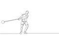 Single continuous line drawing of young sportive man practice to concentrate while swinging hammer on the court stadium. Athletic