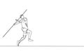 Single continuous line drawing of young sportive man practice to focus before power throw javelin on the court stadium. Athletic