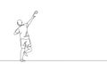 Single continuous line drawing of young sportive man practice to throw shot put powerfully on the court stadium. Athletic games